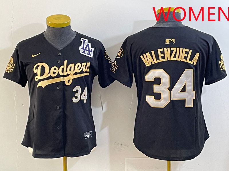 Women Los Angeles Dodgers 34 Valenzuela Black Gold Game 2025 Nike MLB Jersey style 5